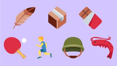 Thumbnail for Emoji Quiz. Group of emojis to describe film Forrest Gump. Feather emoji, box emoji, chocolate bar emoji, ping pong emoji, running man emoji, army helmet emoji, shrimp emoji. Quizzes, movies