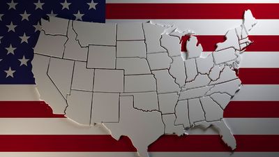 Extruded map of the United States of America with states borders on national flag background. (3-d rendering)