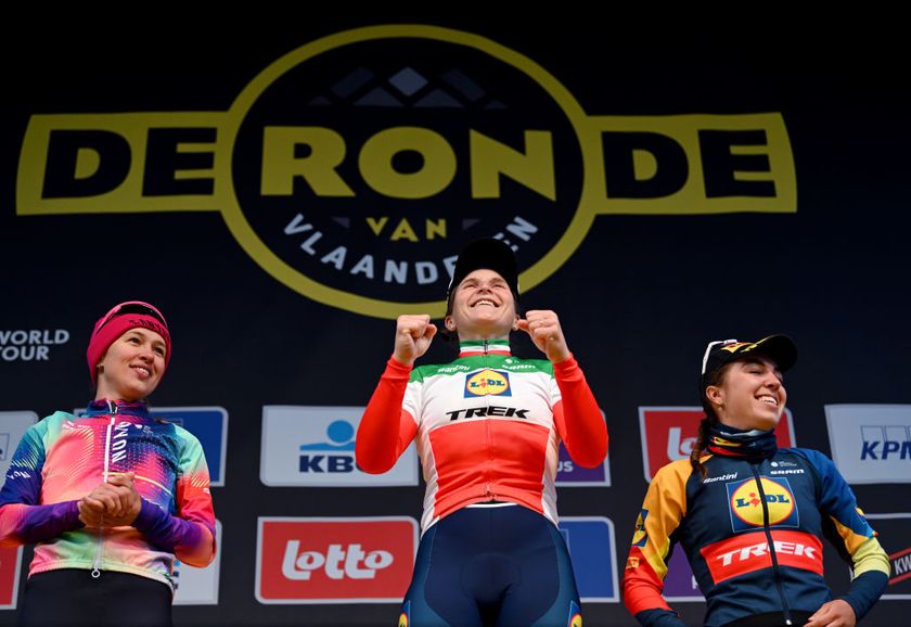 OUDENAARDE BELGIUM MARCH 31 LR Katarzyna Niewiadoma of Poland and Team CanyonSRAM Racing on second place race winner Elisa Longo Borghini of Italy and Team Lidl Trek and Shirin Van Anrooij of The Netherlands and Team Lidl Trek on third place pose on the podium ceremony after the during the 21st Ronde van Vlaanderen Tour des Flandres 2024 Womens Elite a 163km one day race from Oudenaarde to Oudenaarde UCIWWT on March 31 2024 in Oudenaarde Belgium Photo by Dario BelingheriGetty Images