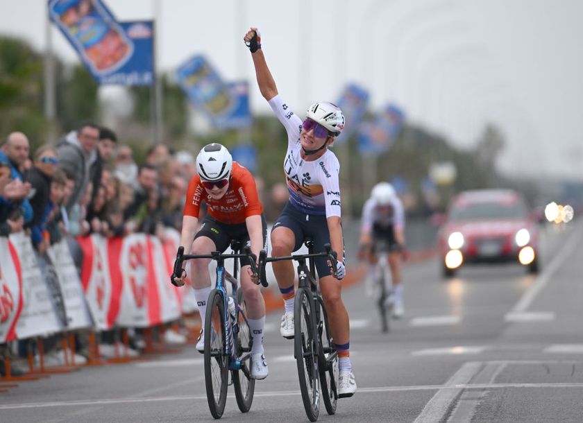 CINQUALE MARCH 09 Karlijn Swinkels of Netherlands and Team UAE Team ADQ R celebrates at finish line as race winner ahead of Puck Pieterse of Netherlands and Team FenixDeceuninck L during the 13th Trofeo Oro in Euro 2025 a 1068km one day race from Cinquale to Cinquale on March 09 2025 in Cinquale Italy Photo by Tim de WaeleGetty Images