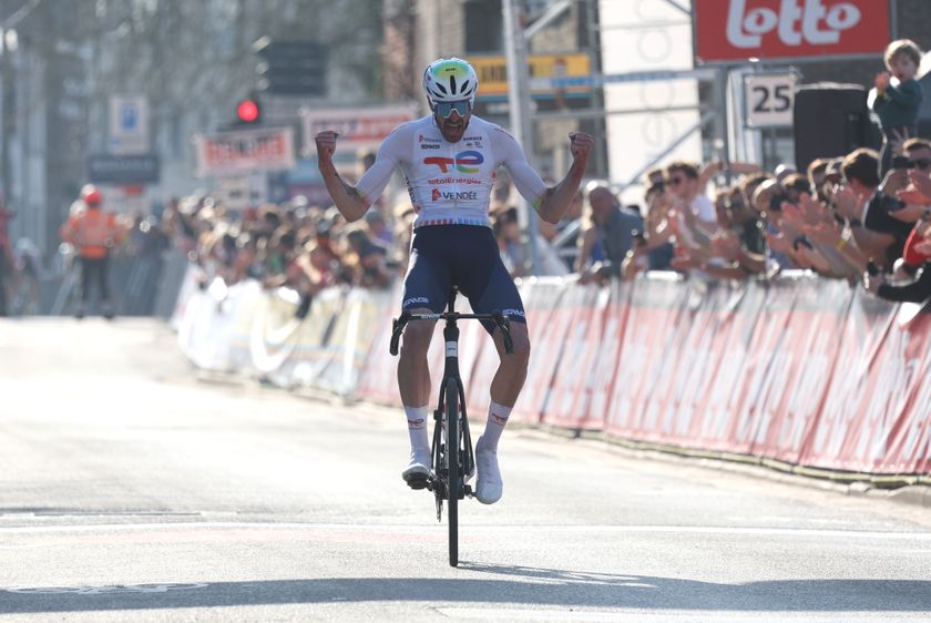 ROESELARE, BELGIUM - MARCH 09: Alexys Brunel of France and Team TotalEnergies celebrates at finish line as race winner during the 13th GP Jean-Pierre Monsere 2025 a 201.6km one day race from Ichtegem to Roeselare on March 09, 2025 in Roeselare, Belgium. (Photo by Rhode Van Elsen/Getty Images)