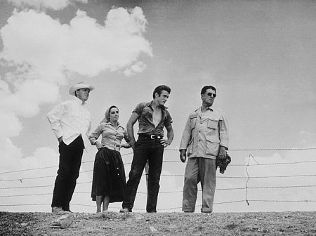 Elizabeth Taylor, James Dean and Director George Stevens on location for "Giant" 1955 Warner Bros.