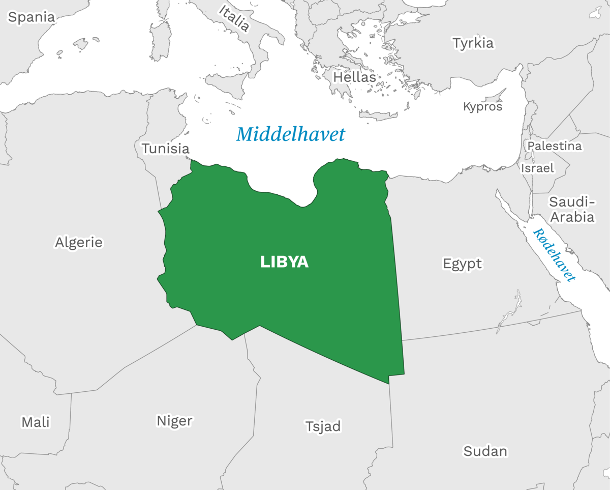 Plassering av Libya med naboland rundt, kart.