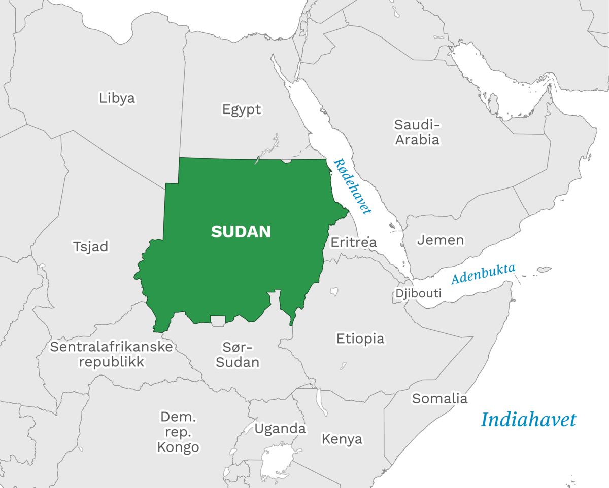 Plassering av Sudan med naboland rundt, kart.