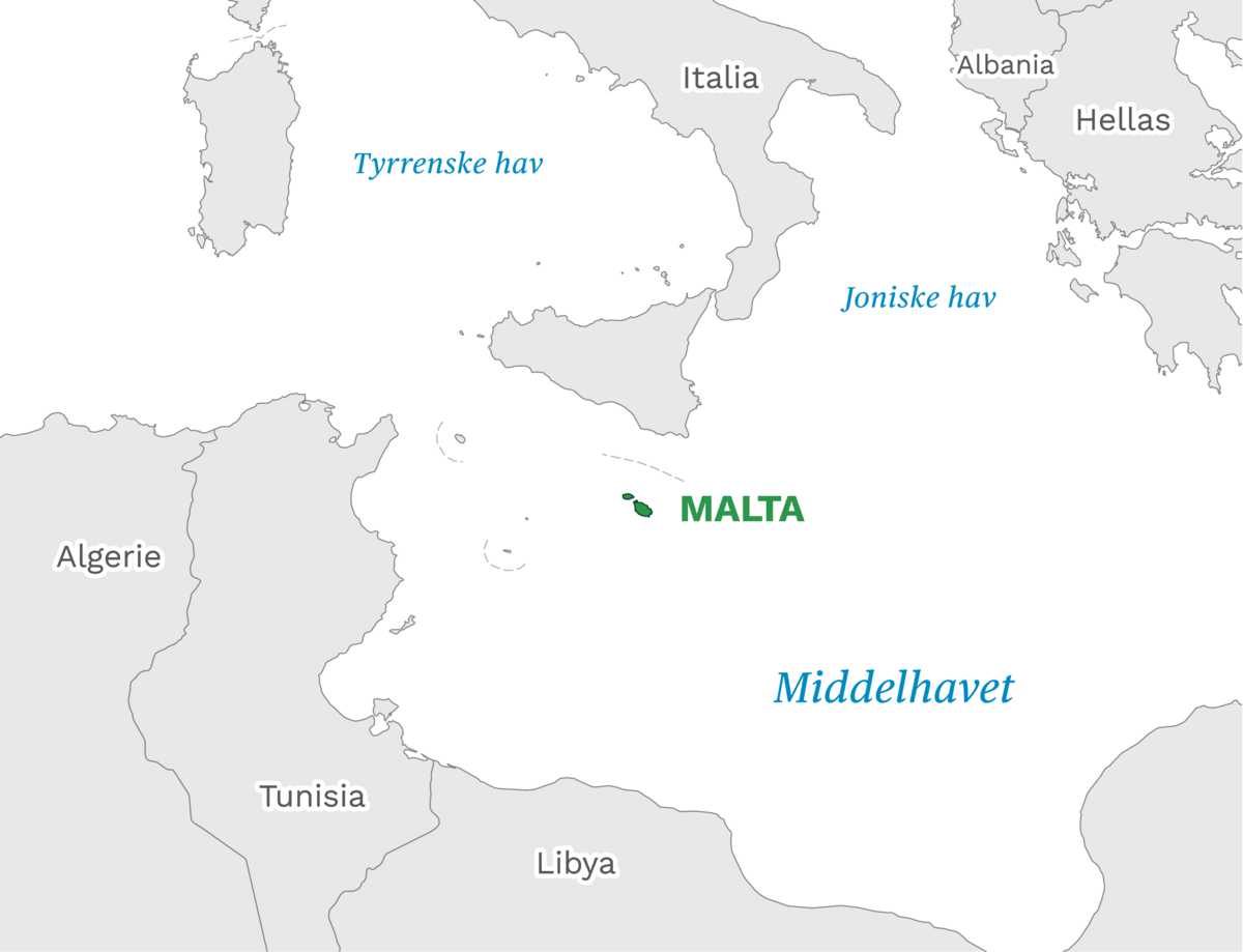 Plassering av Malta med naboland rundt, kart.