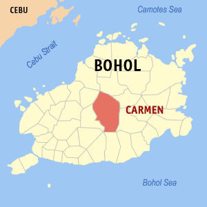 Mapa sa Bohol nga nagapakita kon asa nahimutangan ang Carmen