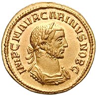 Een aureus (4,4 g) met de beeldenaar van Carinus als Caesar met omschrift IMP C M AVR CARINVS NOB C (ca. 282-283, geslagen in Cyzicus).