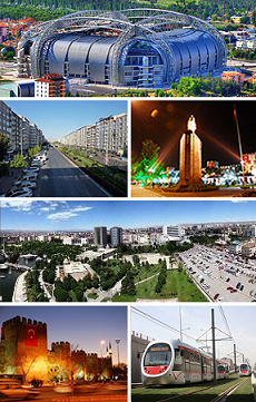 Top: قادر هاس قیصریه ایستادیومو, 2nd left: Sivas Avenue, 2nd right: مصطفی کمال آتاتورک Statue and the city walls of Kayseri in the background, 3rd: Tekin business district and Oto Park, Bottom left: Kayseri Castle at night, Bottom right: Kayseray.