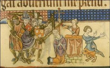 Die Ermordung des Erzbischofs Thomas Becket, Darstellung aus dem Luttrell-Psalter, um 1345