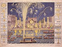 Herdènkingsplaetje van de opveuring van de Royal Fireworks door Händel op de Theems op 15 mei 1749