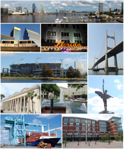 Top, left to right: Downtown Jacksonville, statue of Andrew Jackson, Prime F. Osborn III Convention Center, EverBank Field, Veterans Memorial Arena, Florida Theatre