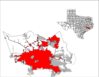 右上: テキサス州におけるハリス郡の位置 左: ハリス郡におけるヒューストンの市域の位置図