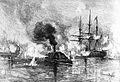 CSS Arkansas running through the Union fleet above Vicksburg, Mississippi, July 15, 1862