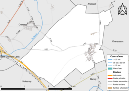 Carte en couleur présentant le réseau hydrographique de la commune