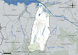 Carte en couleur présentant le réseau hydrographique de la commune