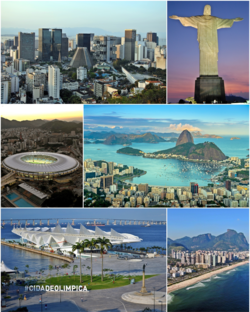 From the top, left to right: Christ the Redeemer, Botafogo's cove, Rio Downtown, Rio–Niterói bridge, Maracanã Stadium, and panoramic view of Barra da Tijuca from Pedra da Gávea