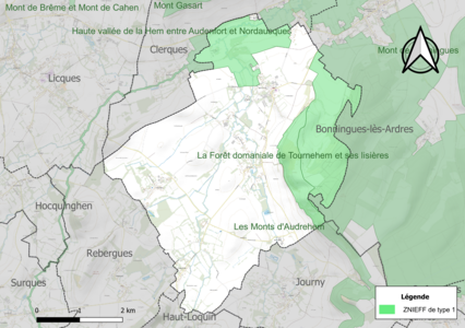 Carte des ZNIEFF de type 1 sur la commune.