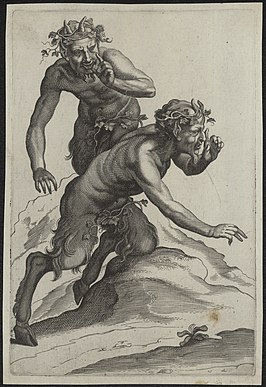 Prent die twee satyrs afbeeldt zoals dat gebruikelijk was tijdens de Renaissance: met geitenhoorns en -poten zoals Pan, en met bedekt kruis. Gemaakt in de tweede helft van de zestiende eeuw. Bewaard in de Universiteitsbibliotheek Gent[1]