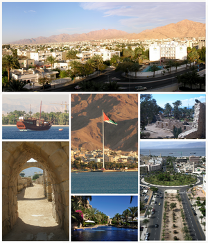 Mengikut arah jam dari kiri atas: Latar langit Aqaba, Kota Aqaba dan Padang Aqaba, Jalan Al-Hammamat Al-Tunisyya di Down Town, Resort di Aqaba, Kota lama Ayla, Pelabuhan Aqaba, Tiang Bendera Aqaba.