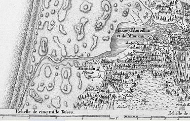 Extrait de la carte de Cassini (feuille n° 137) vers 1780, le courant de Mimizan débouche environ 2000 toises au sud de son exutoire actuel, soit environ 3900 m