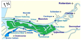 L'ïle Rozenburg, en vert sur cette carte,en bleu foncé les bras morts de la Meuse de Brielle(nord à 25 degrés)