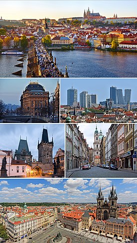 Searah jarum jam dari atas: panorama dengan Kastel Praha, Malá Strana, dan Jembatan Charles, Distrik Pankrác dengan gedung-gedung tinggi, tampilan jalan di Malá Strana, Panorama Alun-alun Kota Tua, menara gerbang jembatan Charles, Teater Nasional