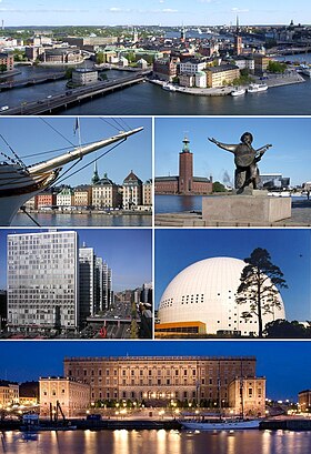 Aerial view of the Old Town, Skeppsbron, Stockholm City Hall, Hötorget buildings, Ericsson Globe and Stockholm Palace.