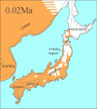 Image 5Japan at the Last Glacial Maximum in the Late Pleistocene about 20,000 years ago   Regions above sea level   Unvegetated   Sea Black outline indicates present-day Japan (from History of Japan)