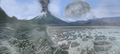 Image 46Artist's impression of Earth during the later Archean, the largely cooled planetary crust and water-rich barren surface, marked by volcanoes and continents, features already round microbialites. The Moon, still orbiting Earth much closer than today and still dominating Earth's sky, produced strong tides. (from History of Earth)