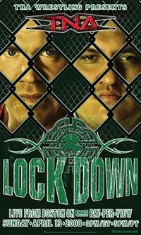 A poster with a green logo saying Lockdown with a shamrock above it. Poster also features two *** white males standing behind chainlink fencing.