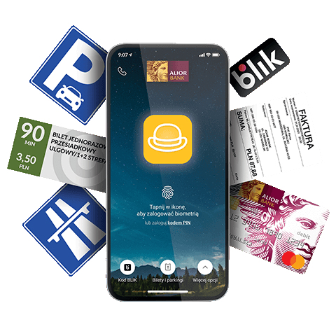 Smartfon z aplikacją Alior Mobile, znak parkingu, bilet komunikacji, znak autostrady, logo Blik, faktura, karta płatnicza